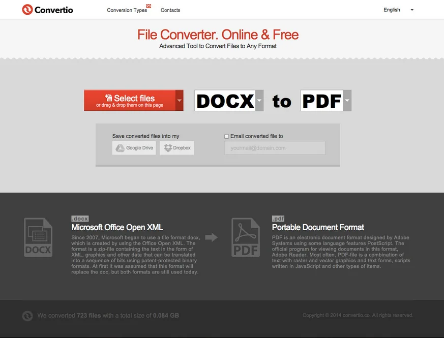 Convertio 'File Converter. Online & Free' with a DOCX to PDF selector and format descriptions.
