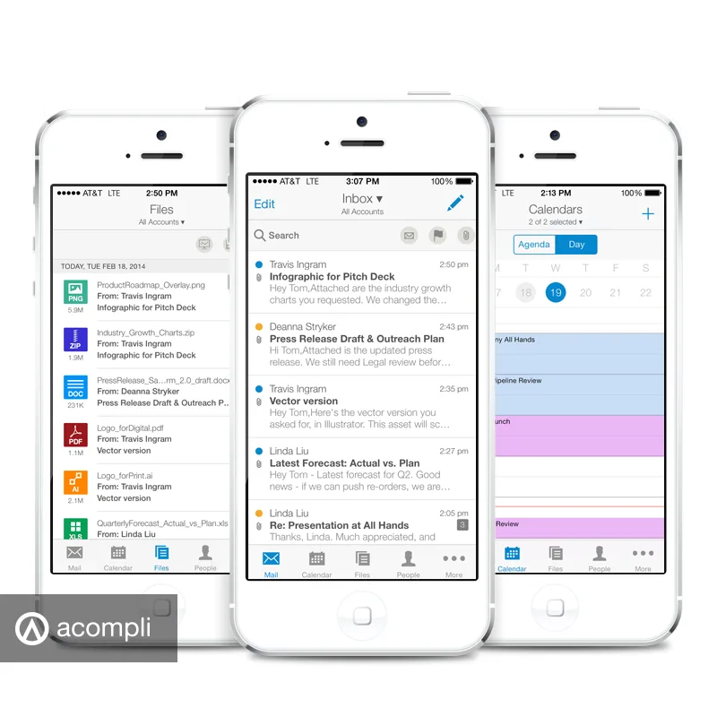 Three iPhones showing the Acompli email inbox, message view and calendar.