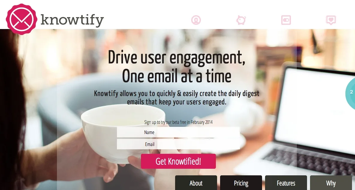 Landing page headlined "Drive user engagement, One email at a time" over a coffee cup and laptop photo.