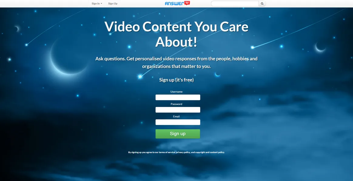 Night-sky hero 'Video Content You Care About!' with a signup form.
