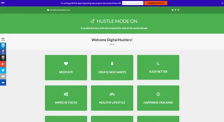 Green directory homepage headed "HUSTLE MODE ON" with category tiles such as Meditate and Sleep Better.