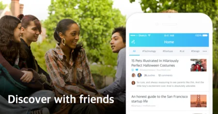 Landing page 'Discover with friends' with a group photo of young people and a phone mockup.