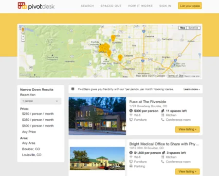 Office space search with a map of results and listing cards with photos and prices.