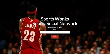 Landing page 'Sports Wonks Sports Social Network' with a basketball player in a number 23 jersey seen from behind.
