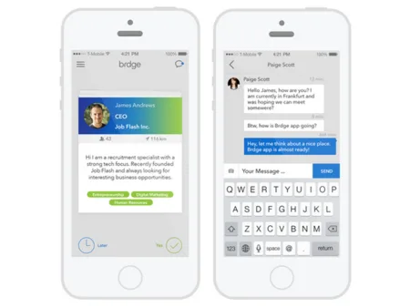 Two white phone frames showing a brdge profile card and a chat thread with keyboard.