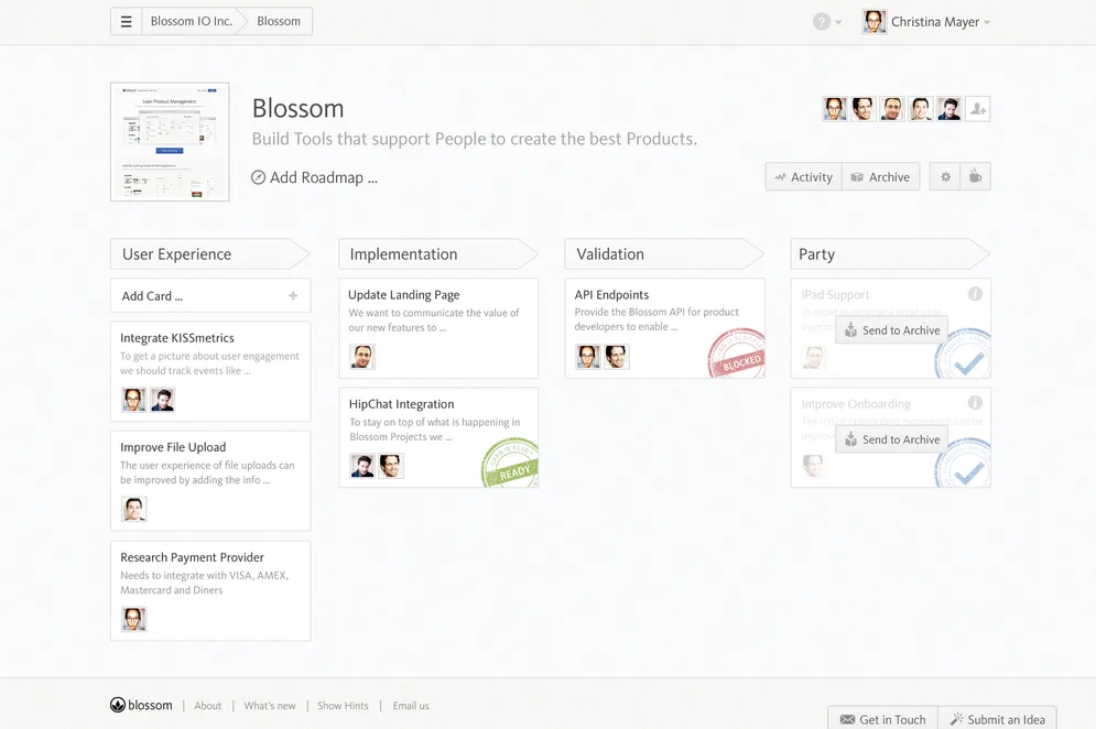 Blossom project board with columns User Experience, Implementation, Validation, Party and avatar-tagged cards.