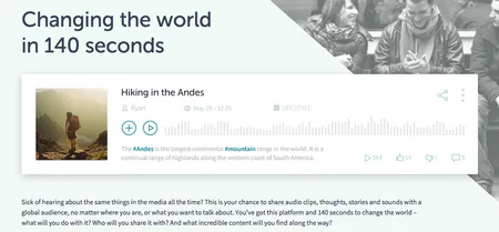 Page 'Changing the world in 140 seconds' with an audio post card titled 'Hiking in the Andes'.