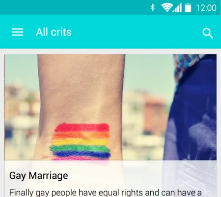 Android app feed 'All crits' with a post titled 'Gay Marriage' and a photo of a rainbow-painted wrist.