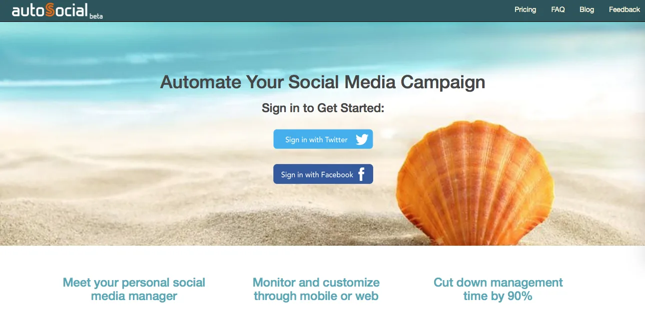 Autosocial page 'Automate Your Social Media Campaign' with a seashell on a beach and social sign-in buttons.