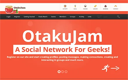 Orange landing page headlined "OtakuJam A Social Network For Geeks!".