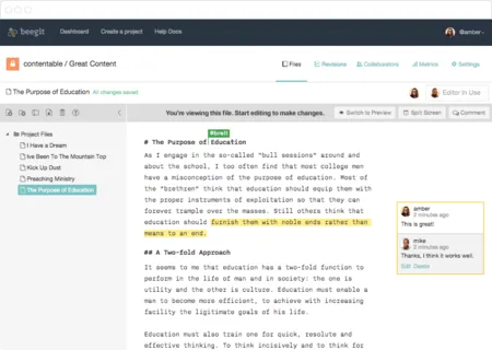 Beegit document editor with a file list, a Markdown essay 'The Purpose of Education' and comments.
