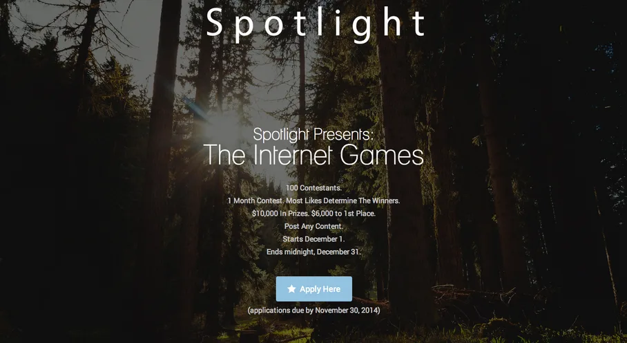 Dark page 'Spotlight Presents The Internet Games' over a forest photo.
