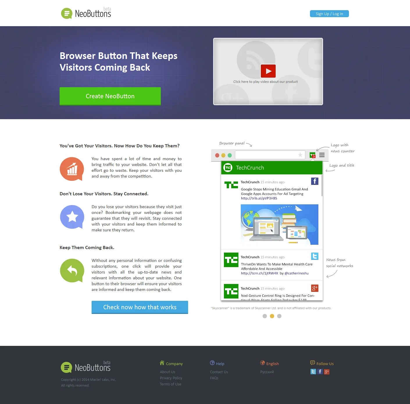 Full landing page headlined "Browser Button That Keeps Visitors Coming Back" with an annotated news panel example.