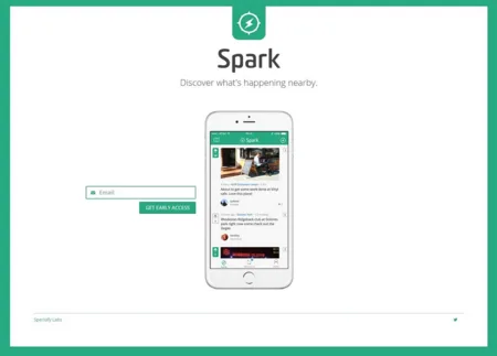 Landing page 'Spark Discover what's happening nearby' with a phone mockup.