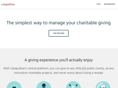 Catapultian page 'The simplest way to manage your charitable giving' with a 'Join the beta' button.