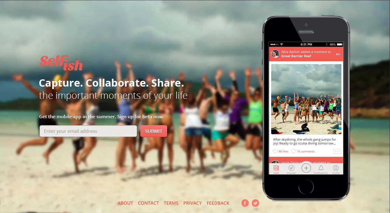 Landing page 'Capture. Collaborate. Share.' over a blurred beach group photo with an iPhone feed mockup.