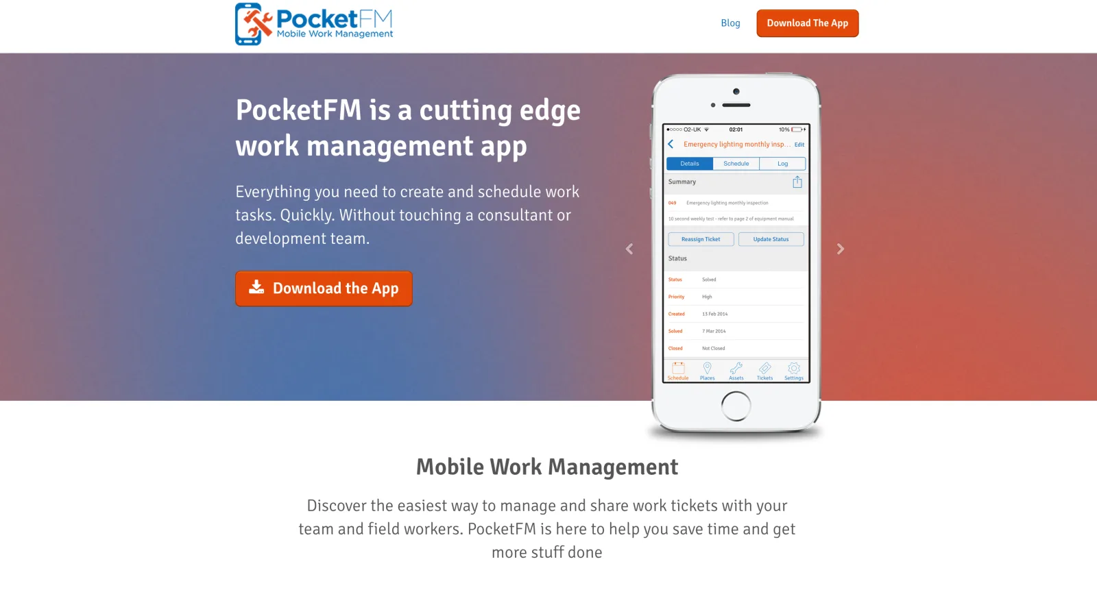 Landing page headlined "PocketFM is a cutting edge work management app" with a phone mockup.