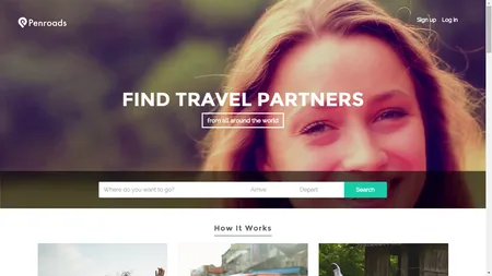 Landing page headlined "FIND TRAVEL PARTNERS" over a close-up photo of a smiling woman.