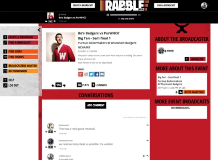 Red event broadcast page for a college basketball game with a photo, stats and a conversation thread.