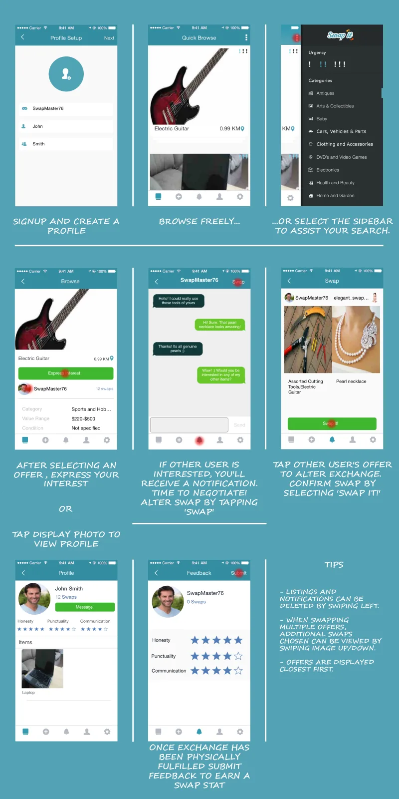 Tall tutorial graphic with app screenshots and captions explaining how to swap items.