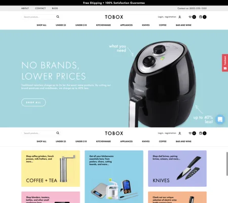 Ecommerce homepage 'No brands, lower prices' with an air fryer and product category tiles.