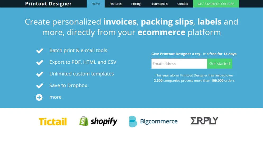 Landing page headlined "Create personalized invoices, packing slips, labels and more" with platform logos.
