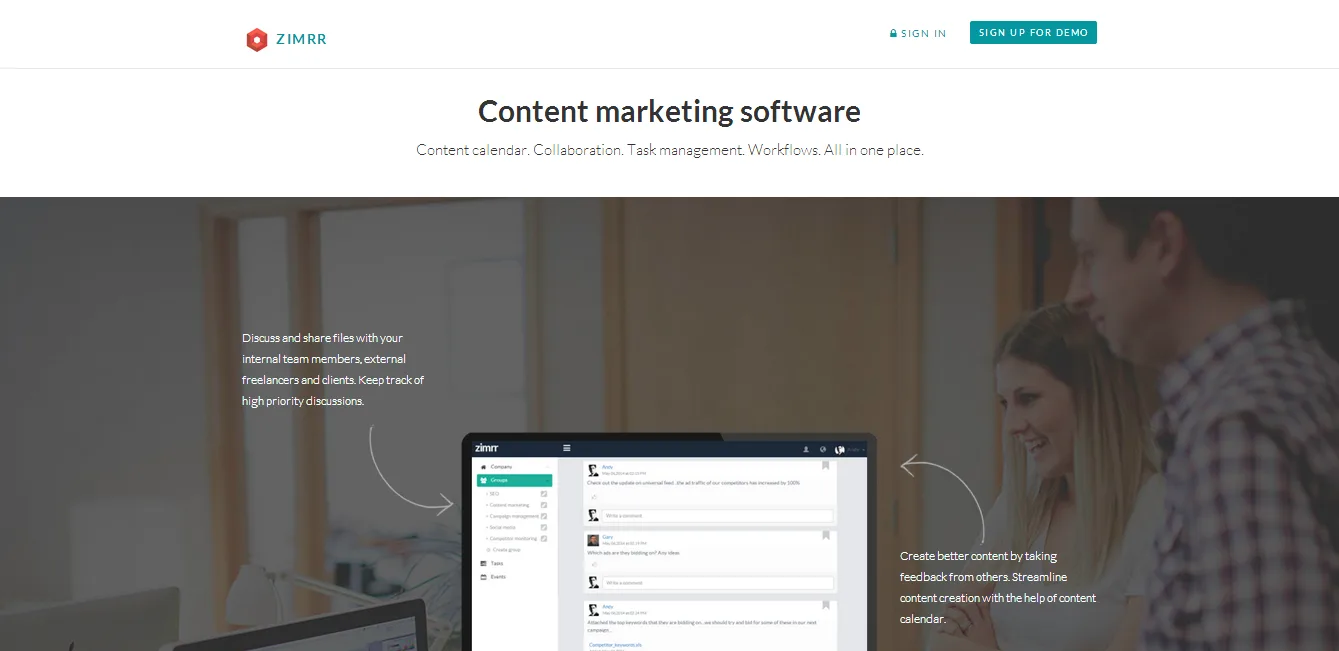 Homepage 'Content marketing software' with two people at a laptop showing the app.
