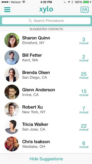 Mobile app 'xylo' showing suggested contacts with photos, names and locations.
