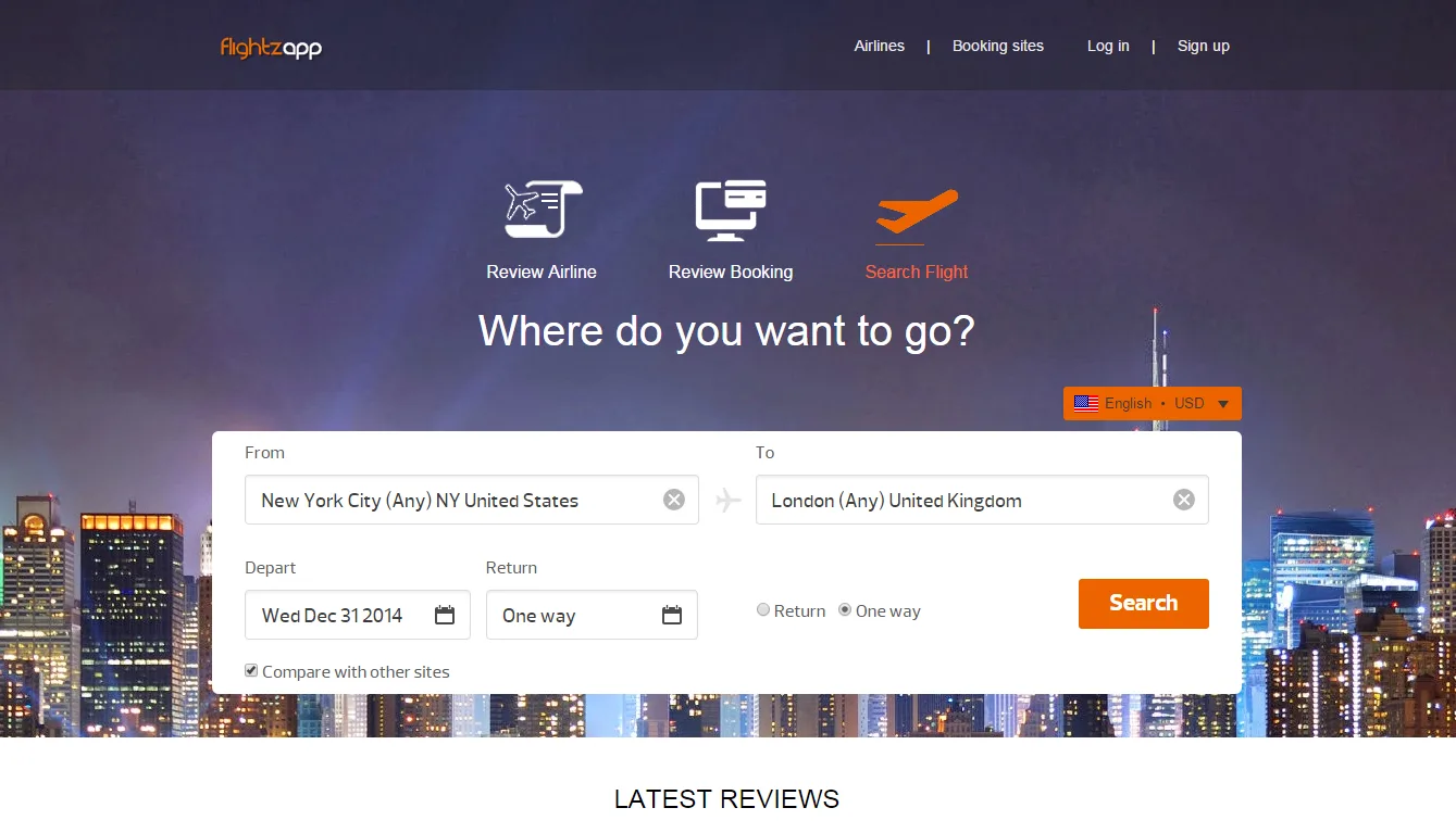 Flightzapp page 'Where do you want to go?' with a flight search form over a city at night.
