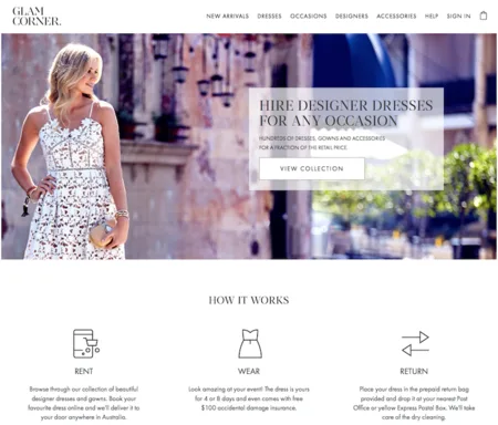 Glam Corner page 'Hire designer dresses for any occasion' with a woman in a dress and 'How it works' steps.