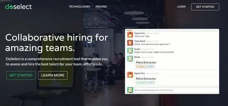 Dark DoSelect hero 'Collaborative hiring for amazing teams.' with an activity feed card.