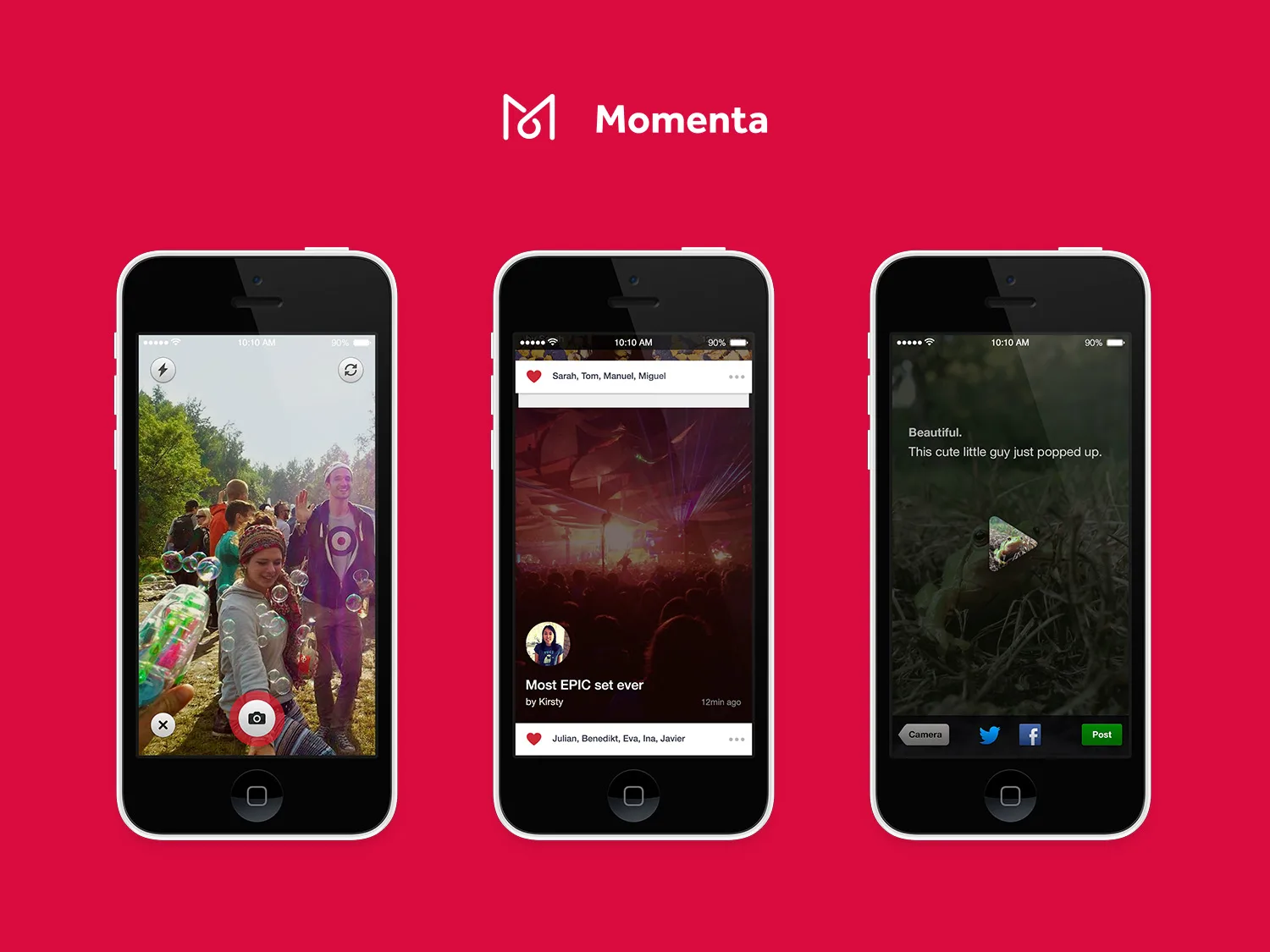 Three phones on a red background showing a camera screen, a concert video post and a share screen.
