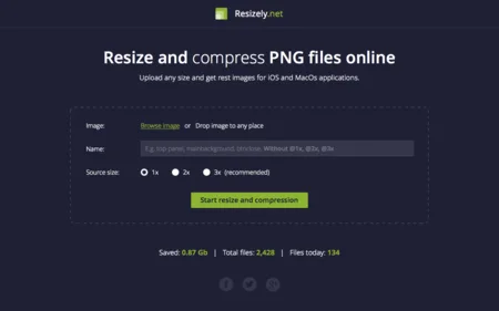 Web tool page 'Resize and compress PNG files online' with an upload form on a dark background.