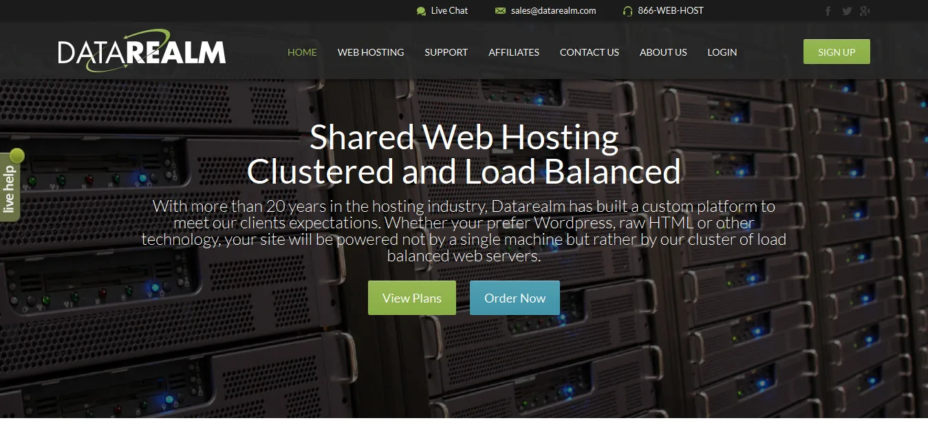 Datarealm hero 'Shared Web Hosting, Clustered and Load Balanced' over a server rack photo.