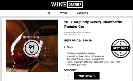 Wine deal page for a 2013 Burgundy Gevrey-Chambertin Premier Cru at $49.49.