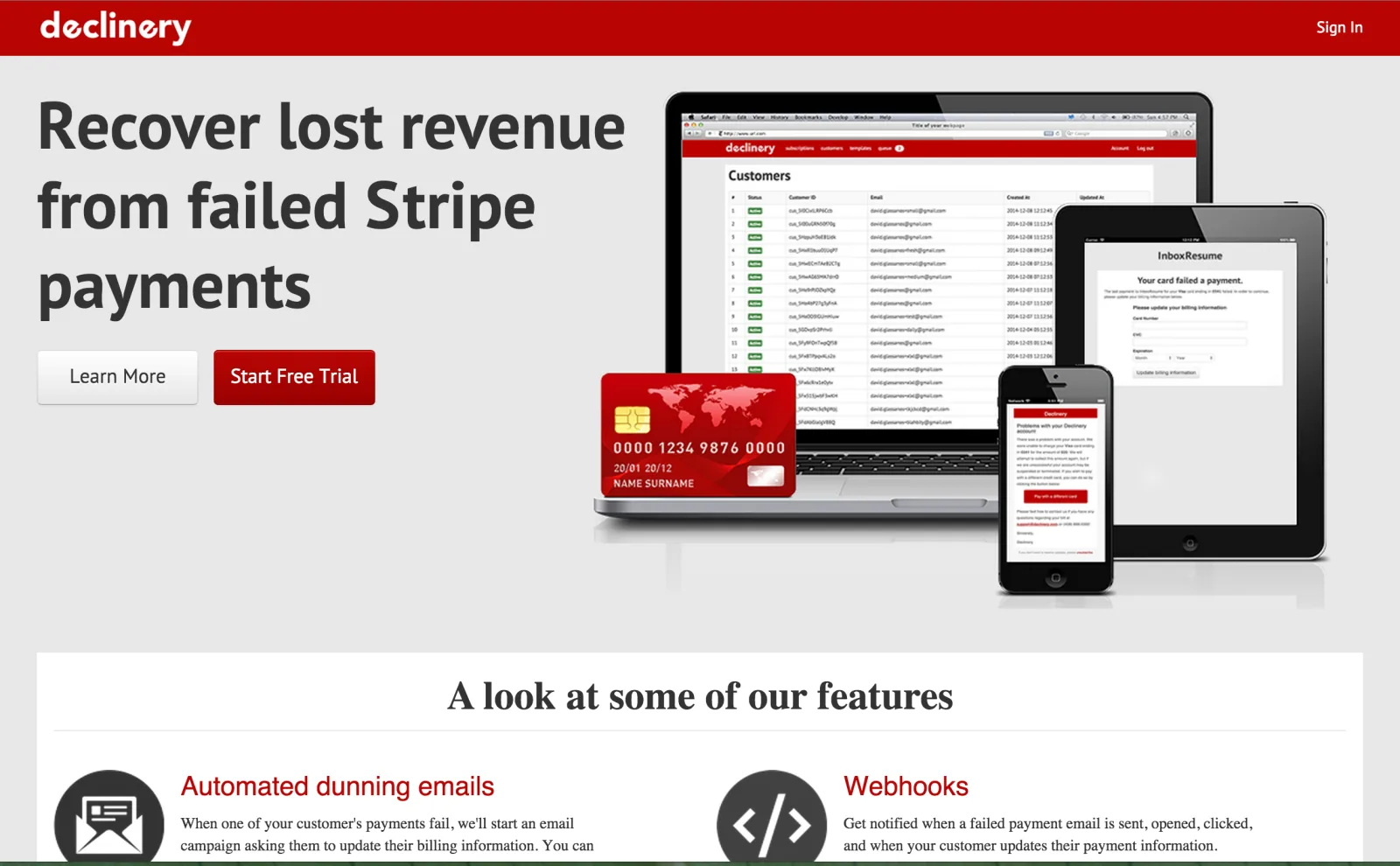 Declinery page 'Recover lost revenue from failed Stripe payments' with devices and a feature list.