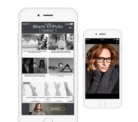 Two phones showing a fashion retailer mobile site with a portrait of a woman in glasses.