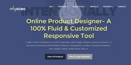 Blue landing page headlined "Online Product Designer- A 100% Fluid & Customized Responsive Tool".