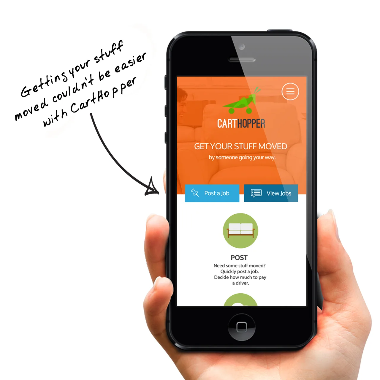 Hand holding an iPhone with an orange Carthopper app screen and a handwritten note about moving.