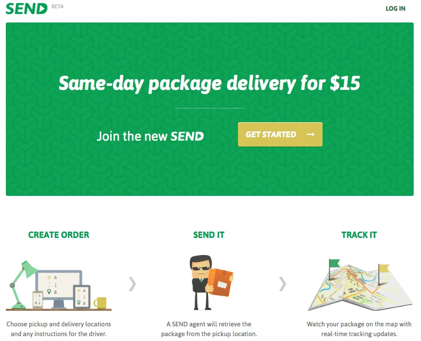 Homepage 'Same-day package delivery for $15' with Create order, Send it, Track it illustrations.