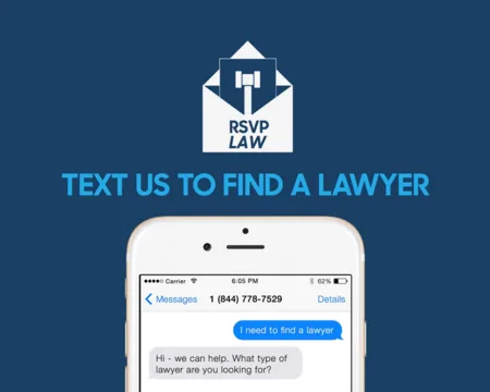 Banner 'Text us to find a lawyer' with RSVP Law logo and a phone showing a text conversation.