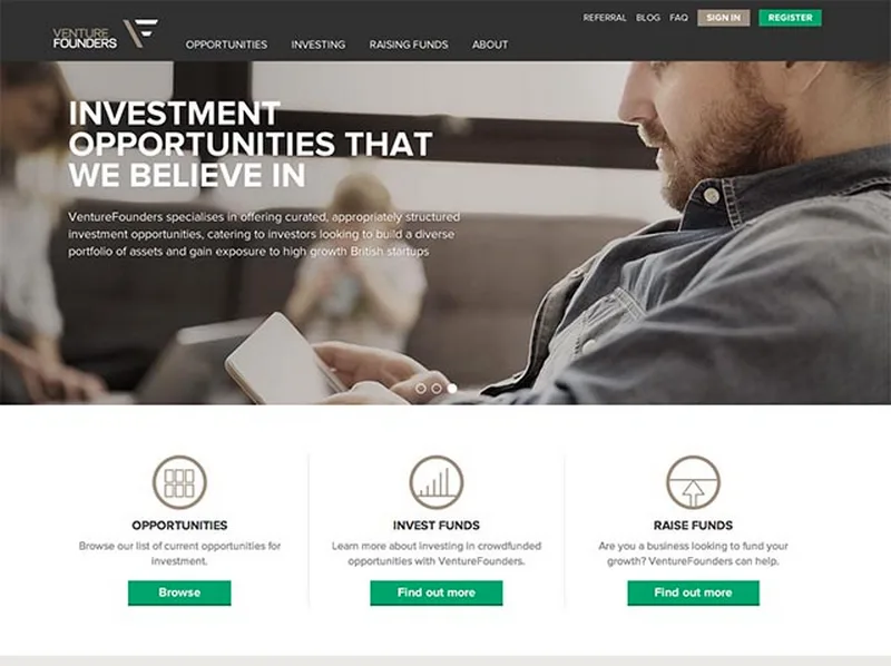 Homepage 'Investment opportunities that we believe in' with a man holding a tablet.