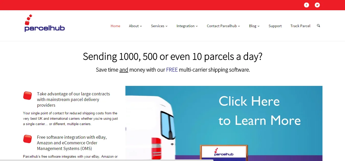 Landing page headlined "Sending 1000, 500 or even 10 parcels a day?" with a delivery truck illustration.