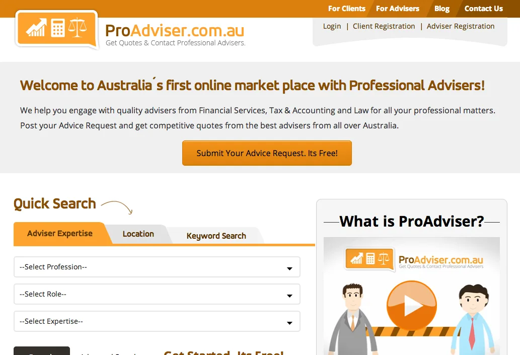 Landing page headlined "Welcome to Australia's first online market place with Professional Advisers!" and a search form.