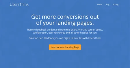Blue homepage 'Get more conversions out of your landing pages.'.