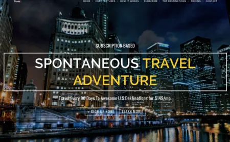 Homepage 'Spontaneous Travel Adventure' over a night city skyline.