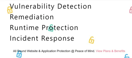 Text graphic listing "Vulnerability Detection, Remediation, Runtime Protection, Incident Response" with lock icons.