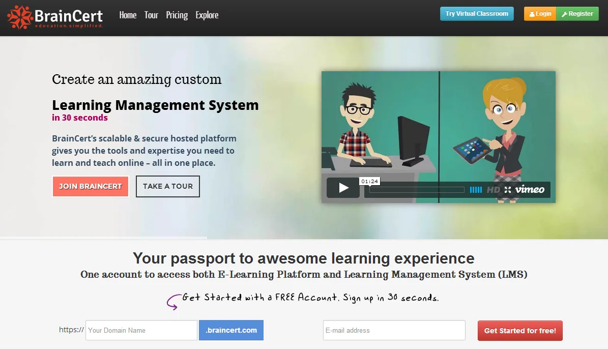 BrainCert page 'Create an amazing custom Learning Management System' with a cartoon video player.