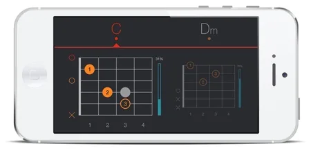 IPhone in landscape showing a guitar chord fretboard with finger positions.