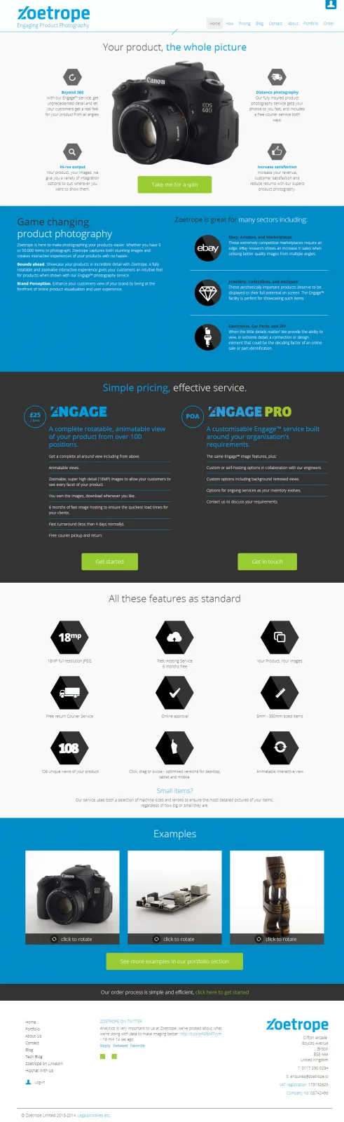 Tall homepage 'Your product, the whole picture' with a Canon camera, pricing and examples.